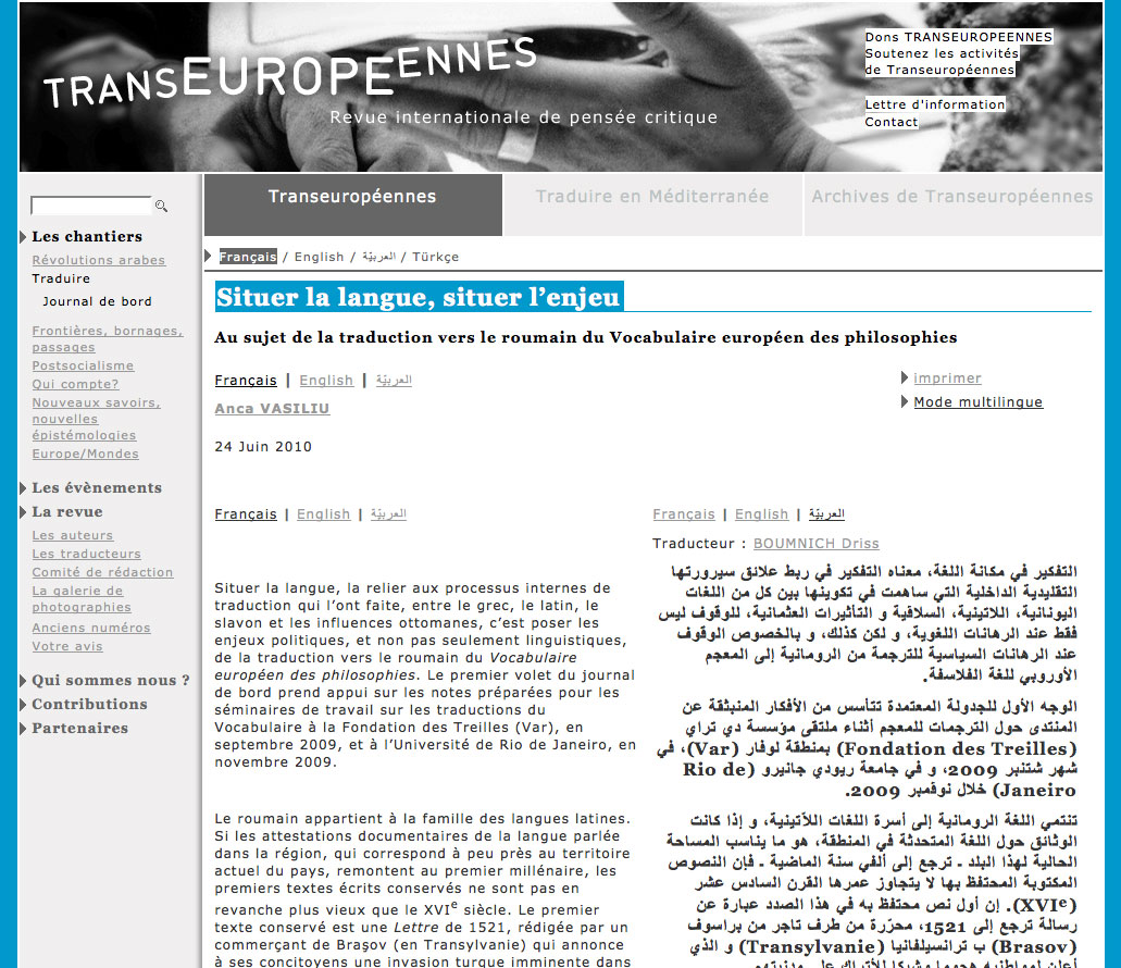 Transeuropéennes - Comparaison traductions